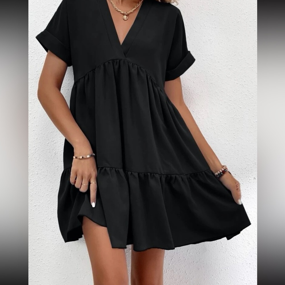 Frenchy Roll Cuff Ruffle Hem Solid Black Short Dress